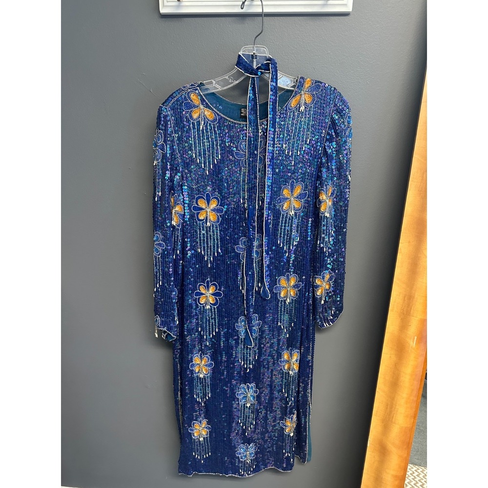 Vintage 60s Beaded Dress Sz M All-Over Sequin‎ 100% Silk Cocktail Party Flower